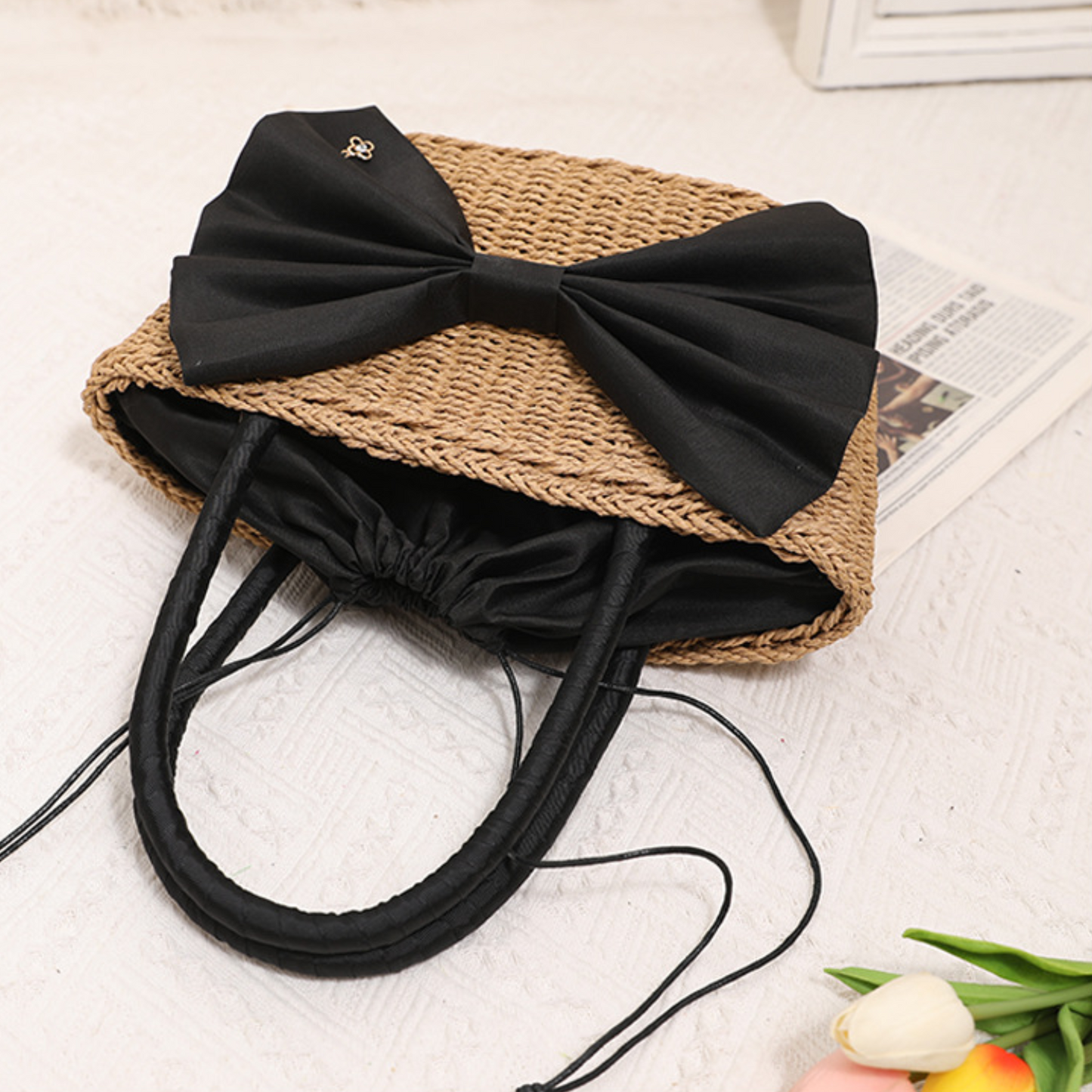 Straw Bow Tote Bag