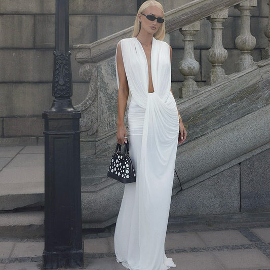 Deep V Ruched Maxi Dress