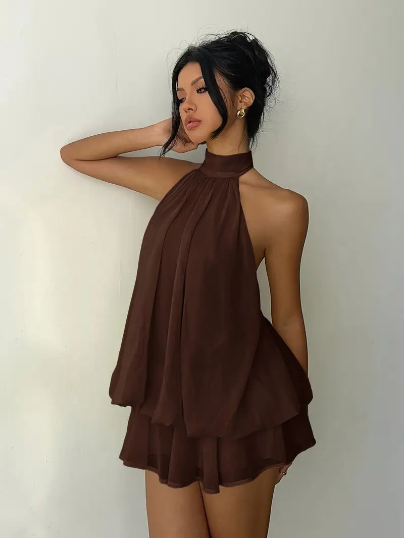 Vacation Figure Flattering Fashionable Sexy Backless Halter Lace Up Waist Trimming Solid Color Dress