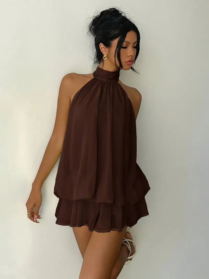 Vacation Figure Flattering Fashionable Sexy Backless Halter Lace Up Waist Trimming Solid Color Dress