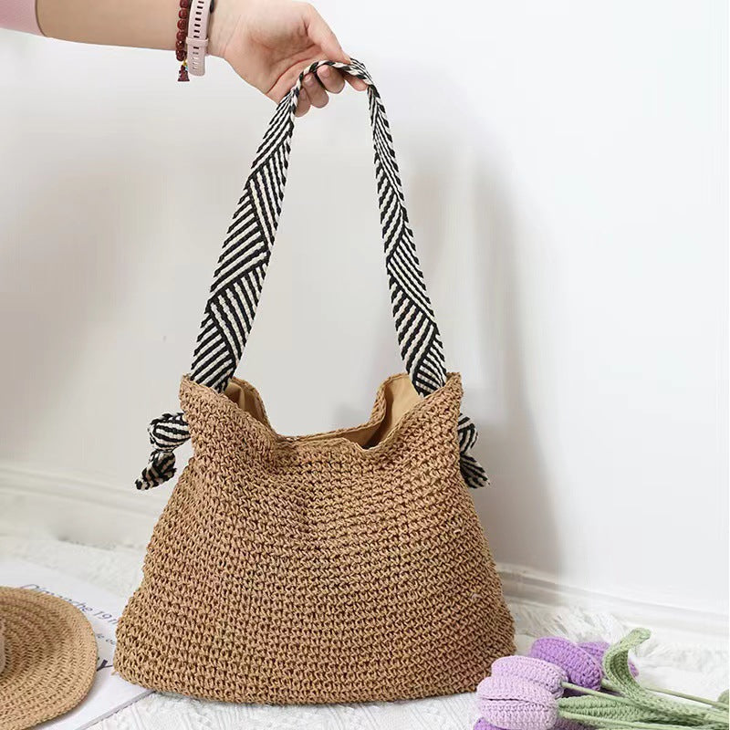 Straw Shoulder Bag with Striped Ribbon Strap – BORN FOR SUMMER
