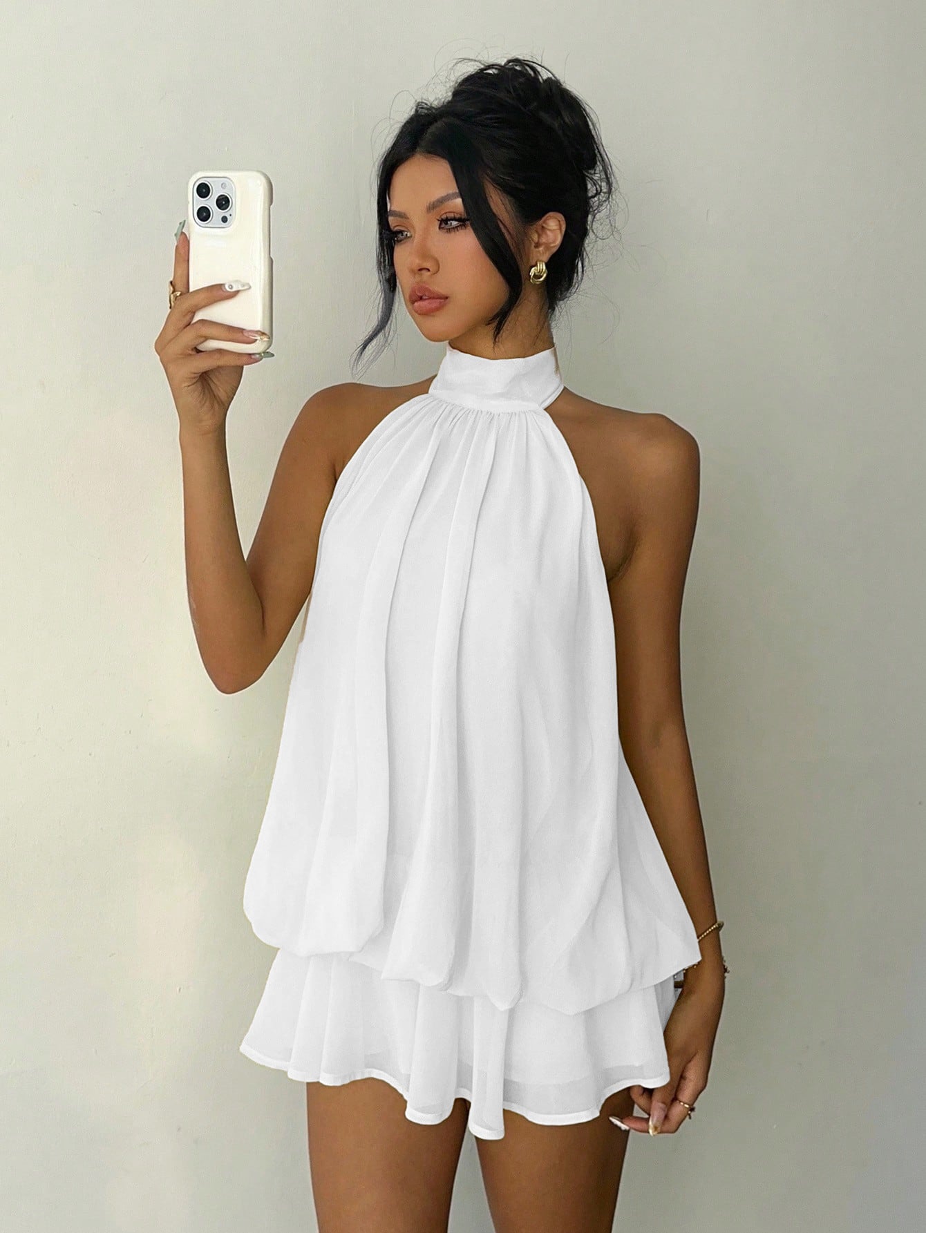 Vacation Figure Flattering Fashionable Sexy Backless Halter Lace Up Waist Trimming Solid Color Dress