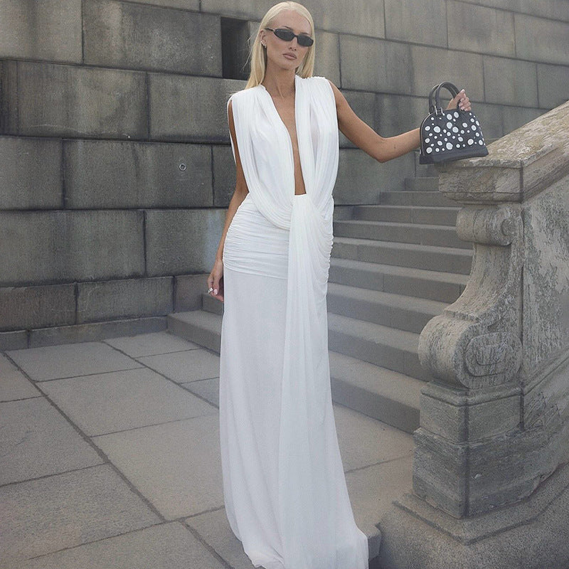 Deep V Ruched Maxi Dress