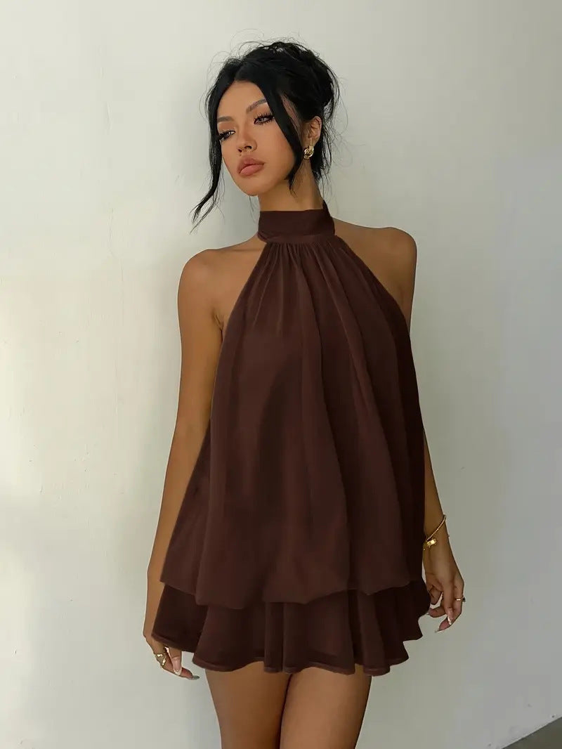 Vacation Figure Flattering Fashionable Sexy Backless Halter Lace Up Waist Trimming Solid Color Dress