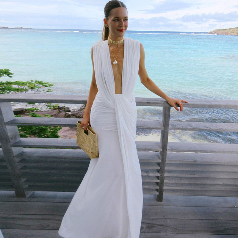 Deep V Ruched Maxi Dress