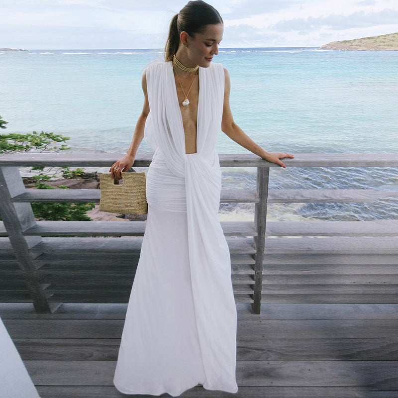 Deep V Ruched Maxi Dress
