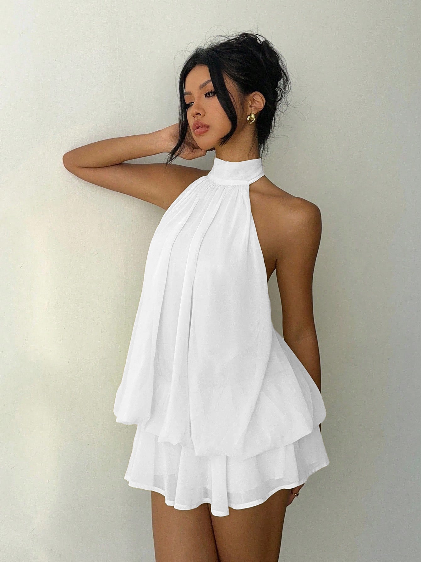 Vacation Figure Flattering Fashionable Sexy Backless Halter Lace Up Waist Trimming Solid Color Dress